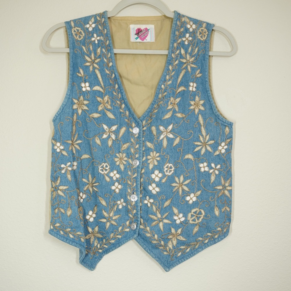 Keren Hart Vintage Denim Floral Embroidered Vest Blue Tan Boho Cottagecore
